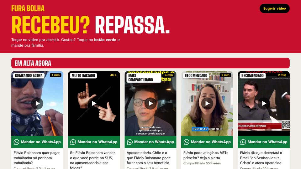 Página inicial do Fura Bolha, com o título "Recebeu? Repassa." e uma fileira de vídeos em alta