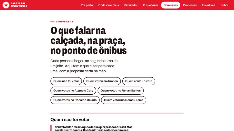 Página "Conversas" do site Onde dá pra conversar, com o título "O que falar na calçada, na praça, no ponto de ônibus"